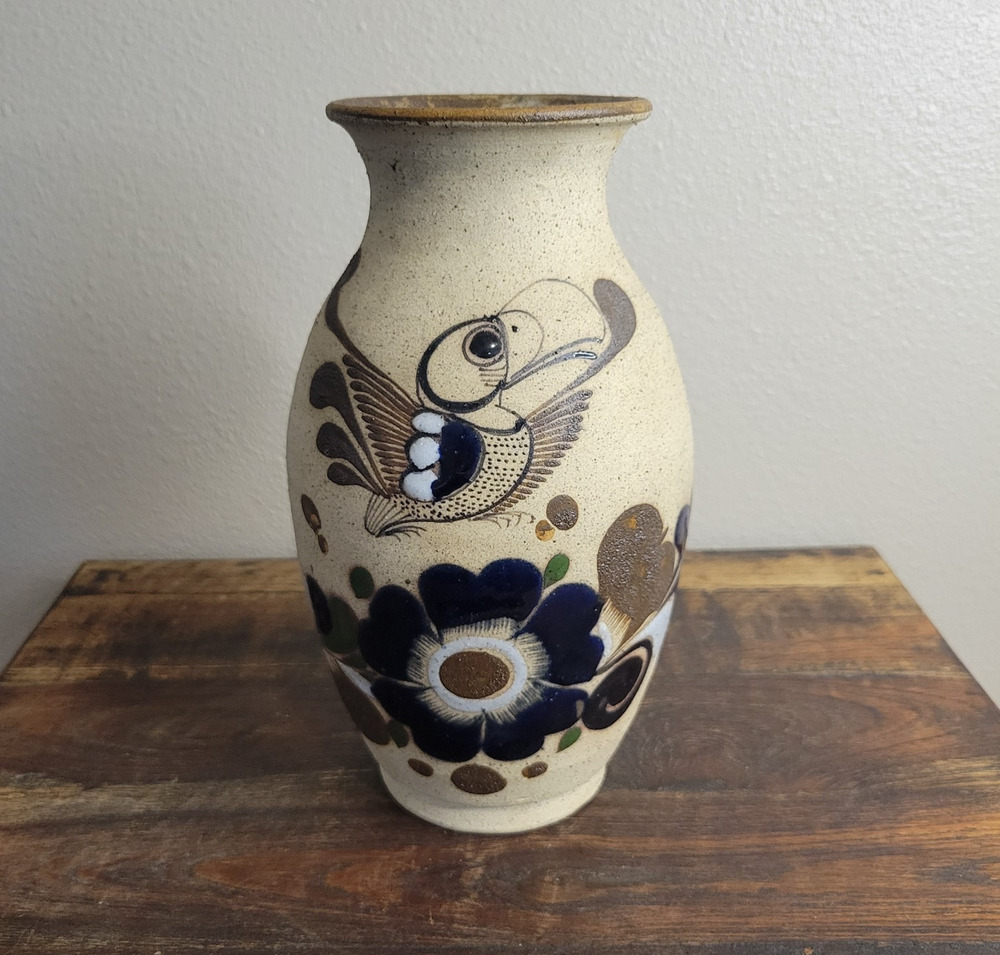 Vintage Tonala Pottery Vase Signed J Campe Mex Folk Art